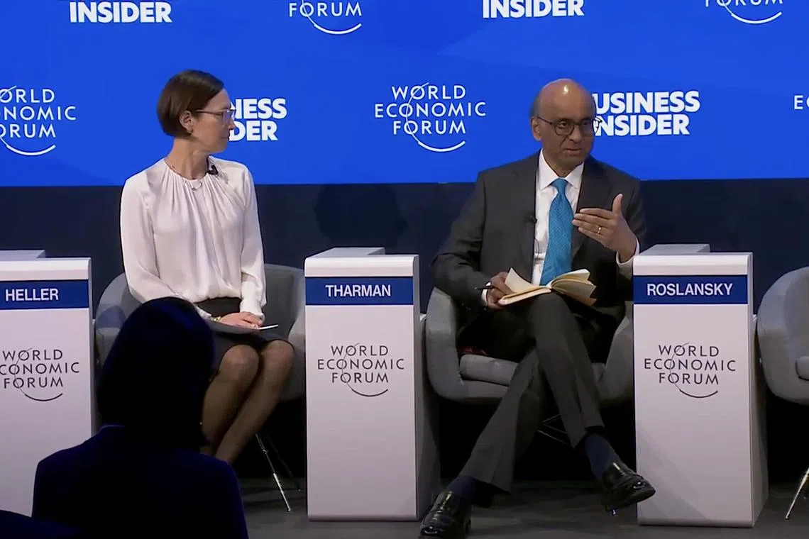 President Tharman Shanmugaratnam speaking before a WEF panel discussion on closing the jobs gap, moderated by Business Insider editor-in-chief Jamie Heller, on Jan 22.