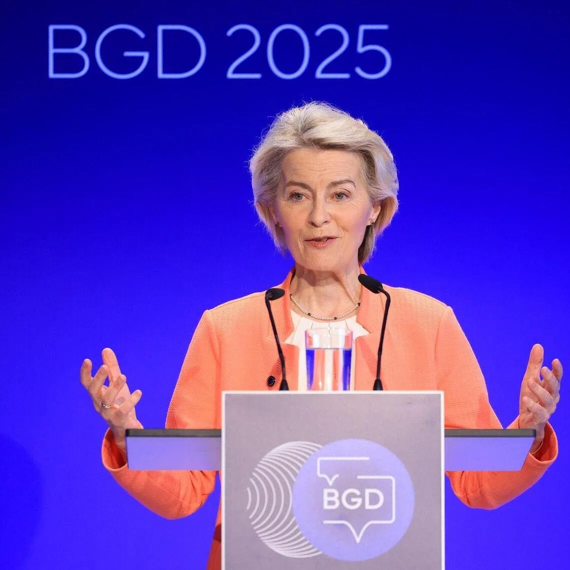 European Commission president Ursula von der Leyen speaking at the Berlin Global Dialogue on Oct 25.