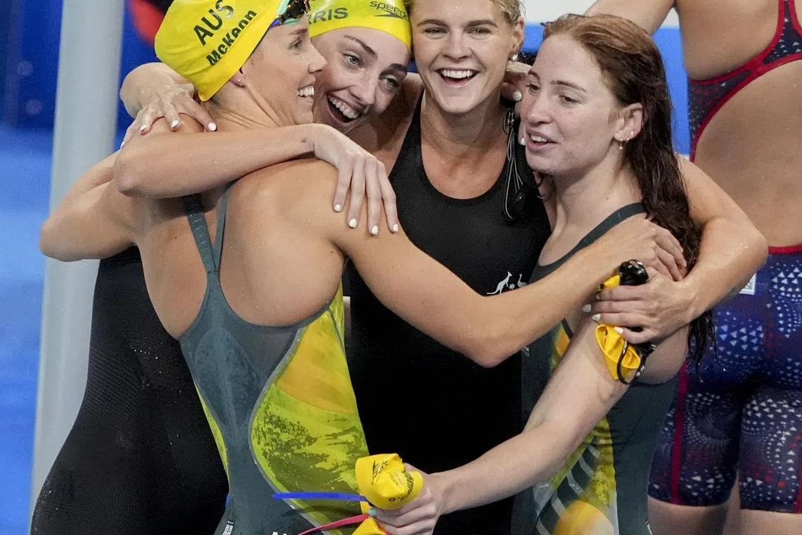 Jul 27, 2024; Nanterre, France; Mollie O’Callaghan (Australia), Shayna Jack (Australia), Emma McKeon (Australia) and Meg Harris (Australia) in the women’s 4 x 100-meter freestyle relay final during the Paris 2024 Olympic Summer Games at Paris La Défense Arena. Mandatory Credit: Grace Hollars-USA TODAY Sports