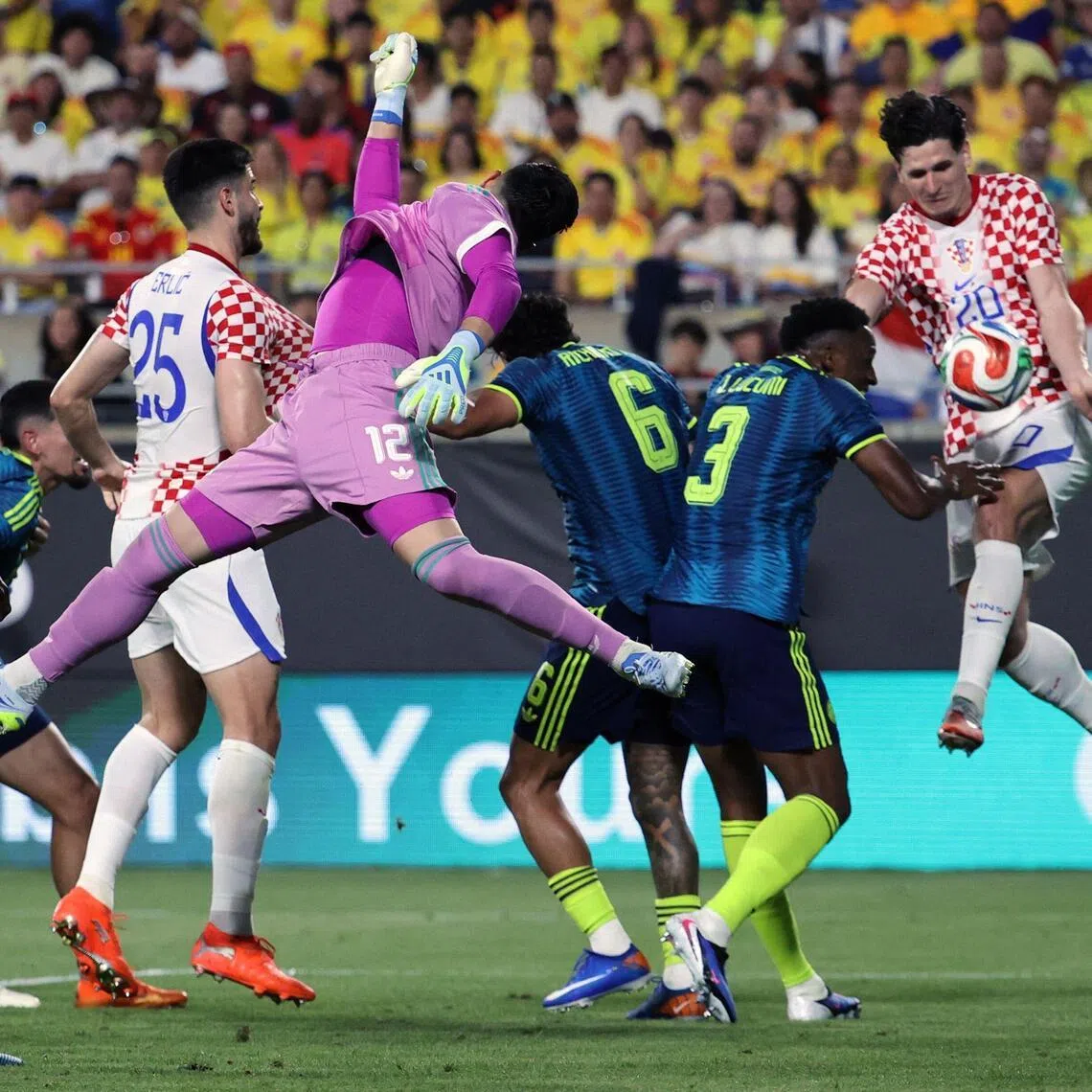 Igor Matanovic heading in Croatia's second goal in the international friendly match against Colombia at Camping World Stadium on March 26, 2026 in Orlando, Florida. Croatia won 2-1.