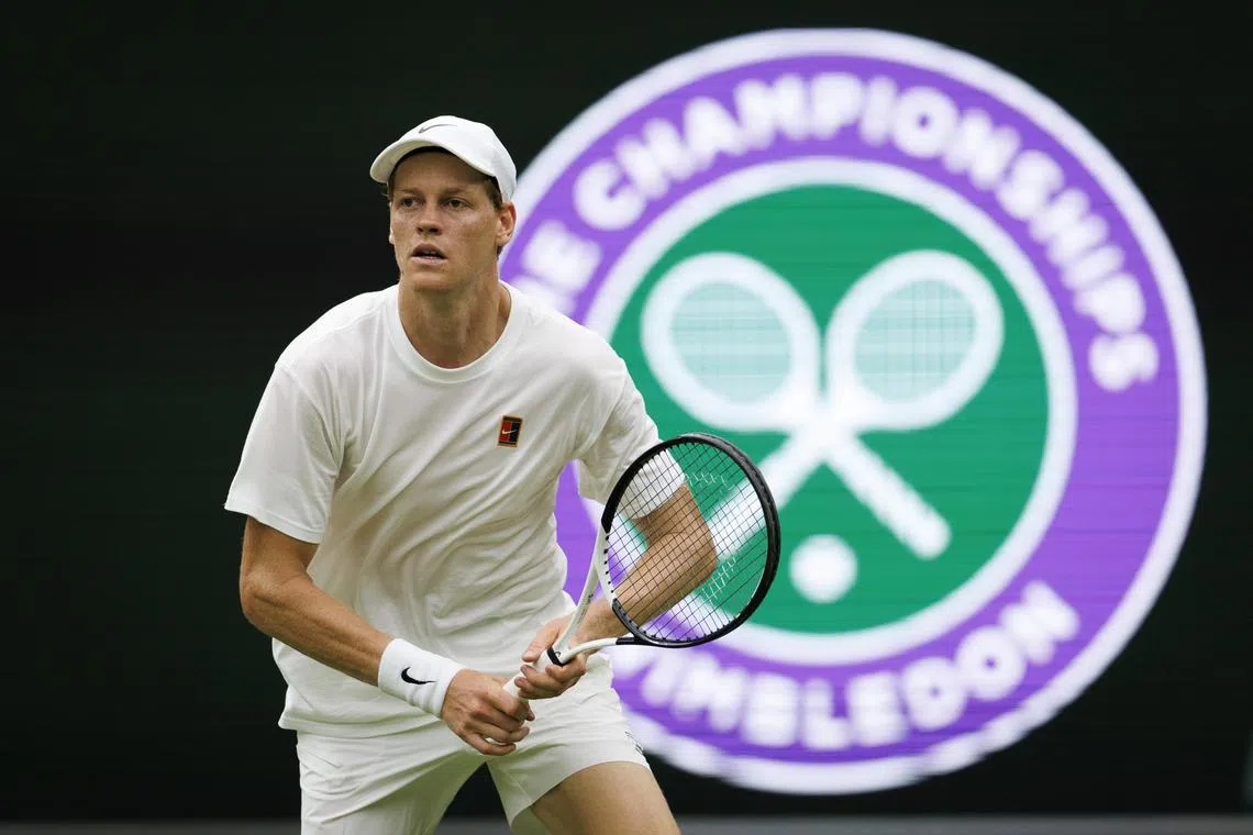 Italy's Jannik Sinner practising on Wimbledon's Centre Court ahead of the Wimbledon Championships in London, Britain, on June 26.