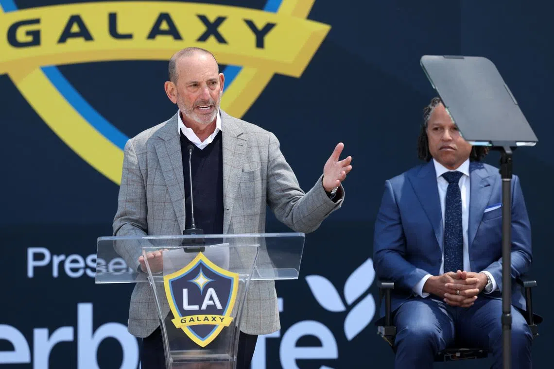 Apr 26, 2026; Carson, California, USA;  MLS Commissioner Don Garber speaks during the Cobi Jones Statue Unveil Ceremony prior to the MLS match between the LA Galaxy and Real Salt Lake at Dignity Health Sports Park. Mandatory Credit: Kiyoshi Mio-Imagn Images