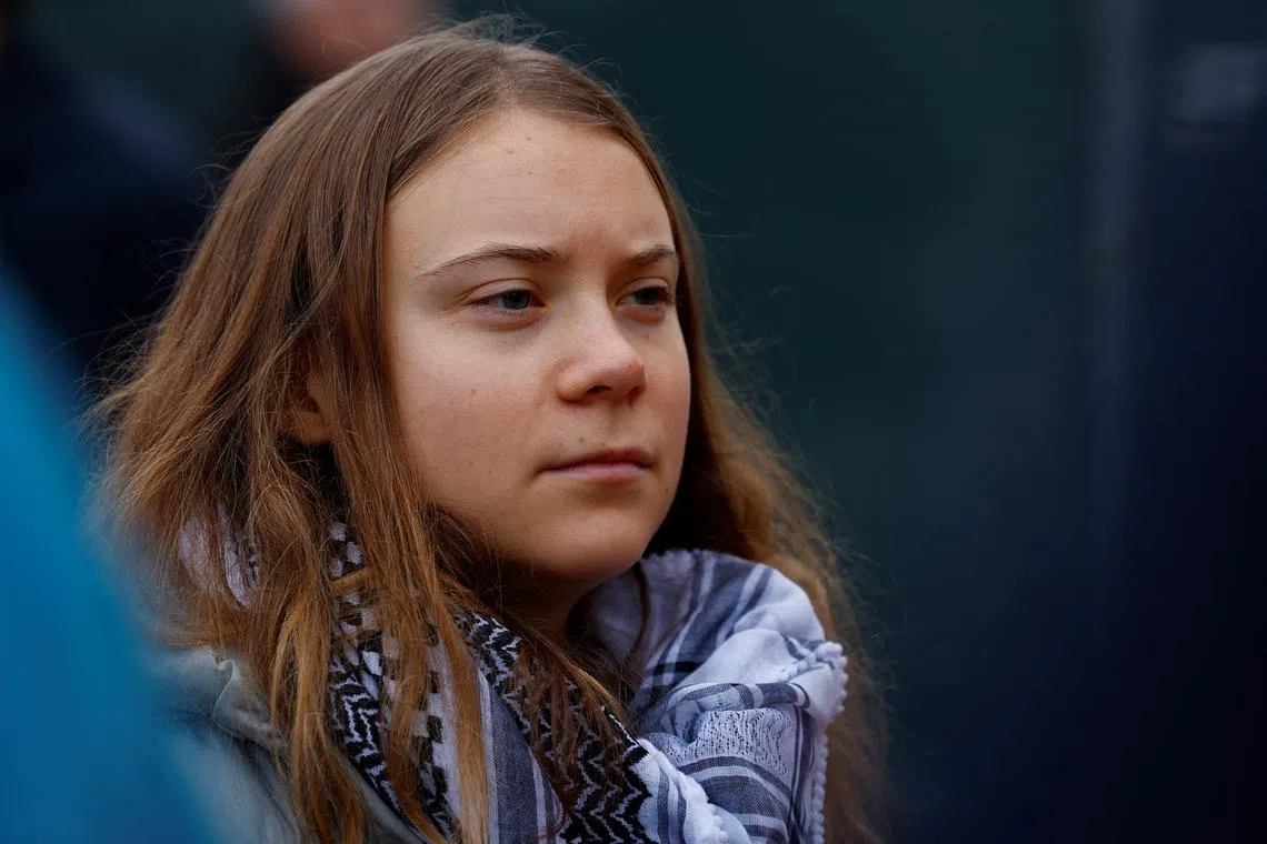 Greta Thunberg was wearing the Palestinian black and white scarf at the climate protest on Sunday in Amsterdam. 