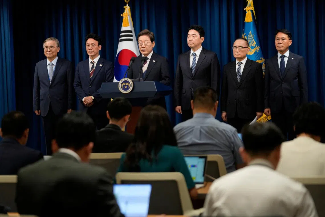 South Korean President Lee Jae-myung, speaks during a press conference with top aides at the Presidential office in Seoul, South Korea, Wednesday, June 4, 2025.     Ahn Young-joon/Pool via REUTERS