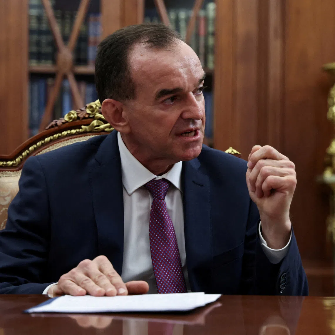 FILE PHOTO: Governor of the Krasnodar Region Veniamin Kondratyev attends a meeting with Russian President Vladimir Putin at the Kremlin in Moscow, Russia April 10, 2026. Sputnik/Alexander Kazakov/Pool via REUTERS ATTENTION EDITORS - THIS IMAGE WAS PROVIDED BY A THIRD PARTY./File Photo