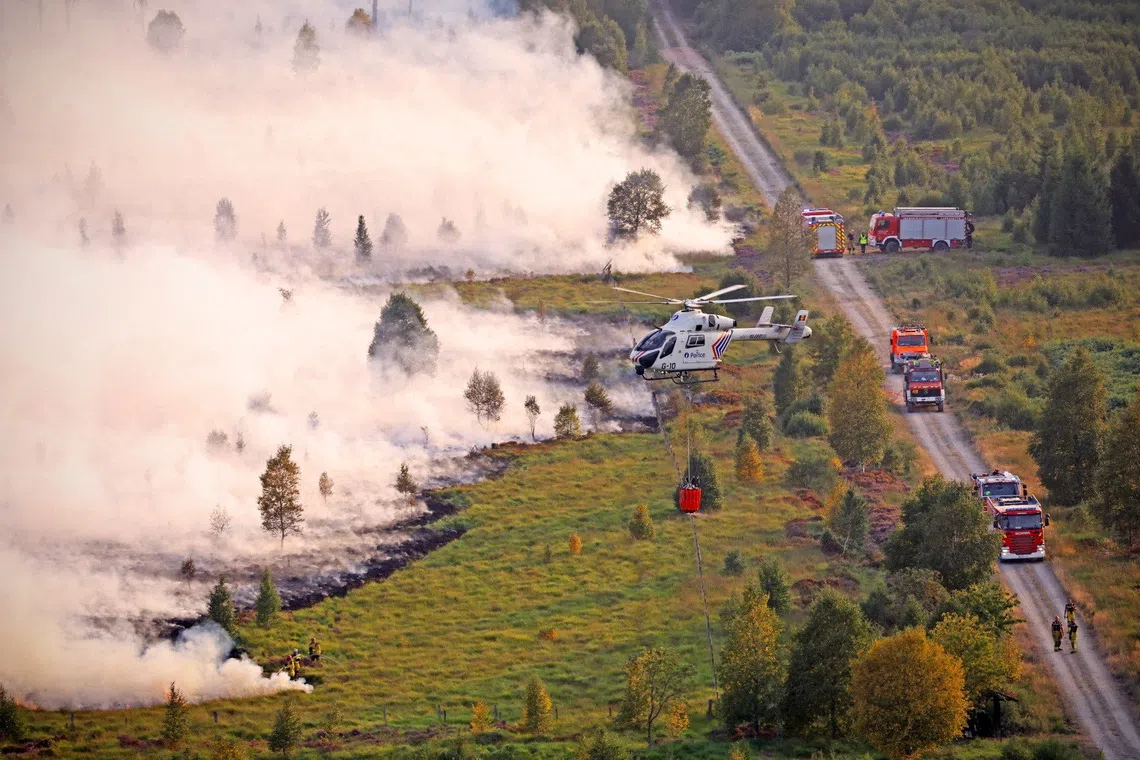 Fire services personnel are deployed as smoke rises from a wildfire, in the High Fens region of Belgium, on Aug 17.