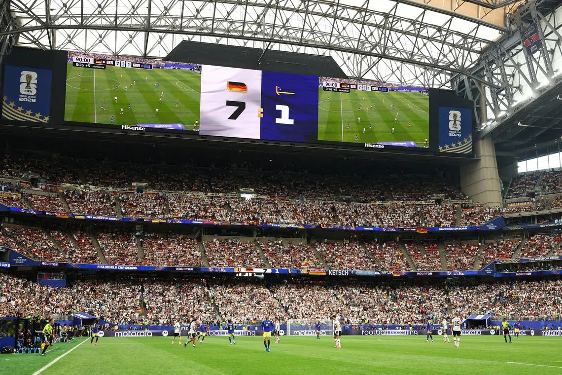 Soccer Football - FIFA World Cup 2026 - Group E - Germany v Curacao - Houston Stadium, Houston, Texas, U.S. - June 14, 2026 General view of the action during the match as the big screen shows the score REUTERS/Phil Noble