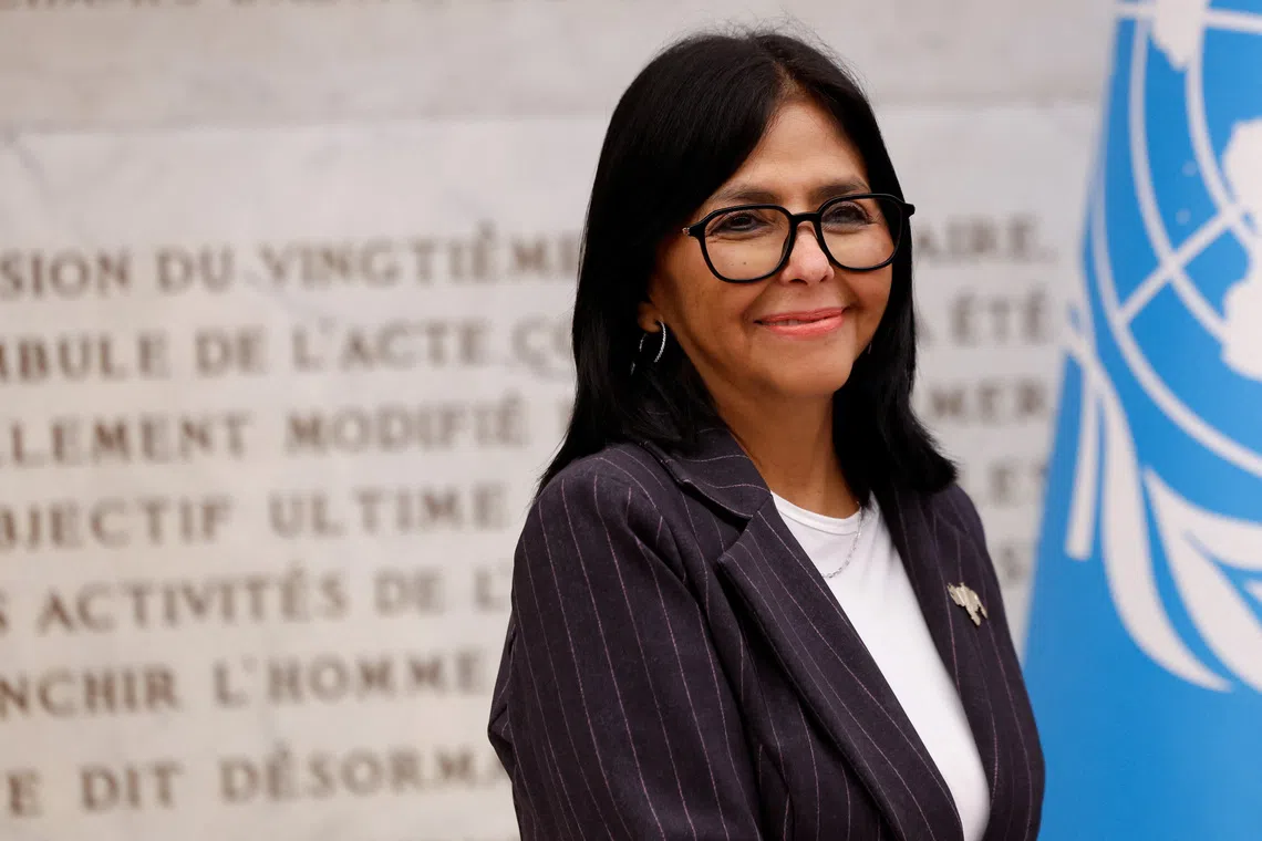 Venezuela's interim President Delcy Rodriguez attends the opening ceremony of the World Food Forum at the Food and Agriculture Organization (FAO) headquarters in Rome, Italy, October 12, 2026. REUTERS/Remo Casilli