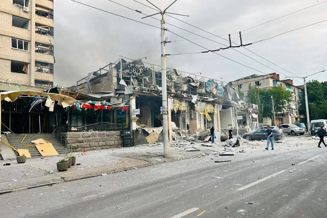 A view shows a building of a restaurant heavily damaged by a Russian missile strike, amid Russia's attack on Ukraine, in central Kramatorsk, Donetsk region, Ukraine June 27, 2023. Head of Ukraine's Presidential Office Andriy Yermak via Telegram/Handout via REUTERS ATTENTION EDITORS - THIS IMAGE HAS BEEN SUPPLIED BY A THIRD PARTY.