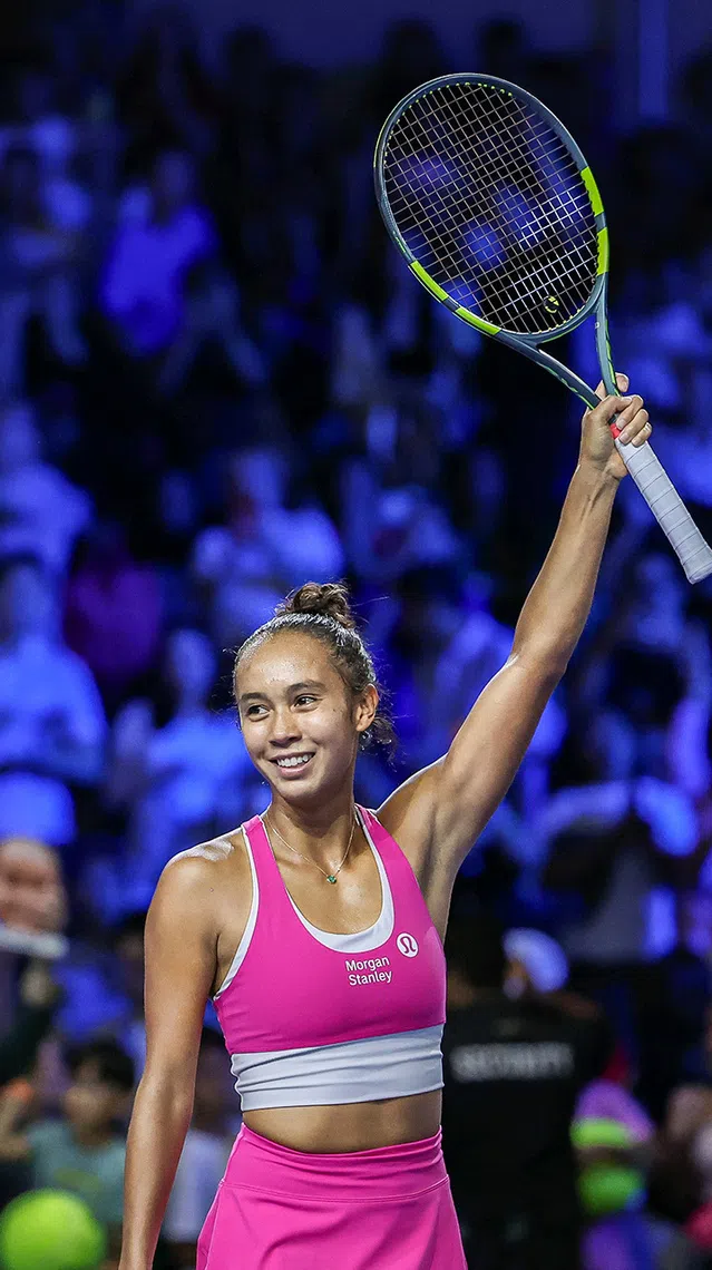 WTA world No. 31 Leylah Fernandez celebrating after defeating world No. 63 Talia Gibson during their Singapore Tennis Open women's singles final match at OCBC Arena on Sept 27, 2026. ST PHOTO: BRIAN TEO