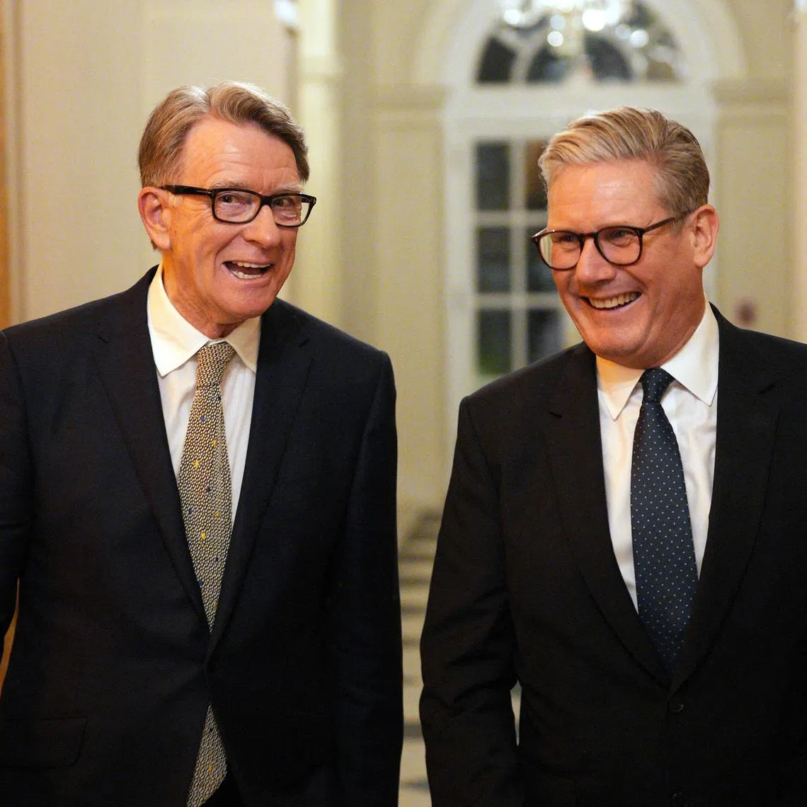 British Prime Minister Keir Starmer talks with Britain's ambassador to the United States Peter Mandelson during a welcome reception at the ambassador's residence on February 26, 2025, in Washington, DC, U.S. Carl Court/Pool via REUTERS/File Photo