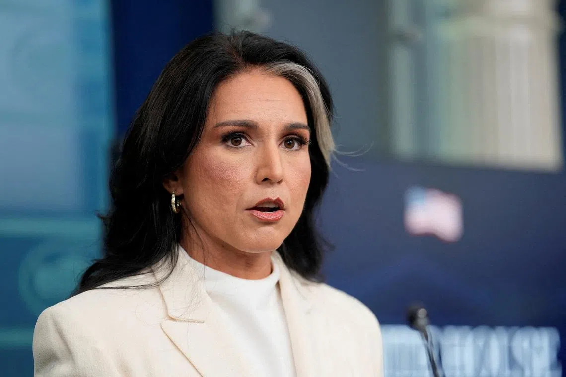 FILE PHOTO: Director of National Intelligence Tulsi Gabbard speaks during a press briefing, at the White House in Washington, D.C., U.S., July 23, 2025. REUTERS/Kent Nishimura/File Photo