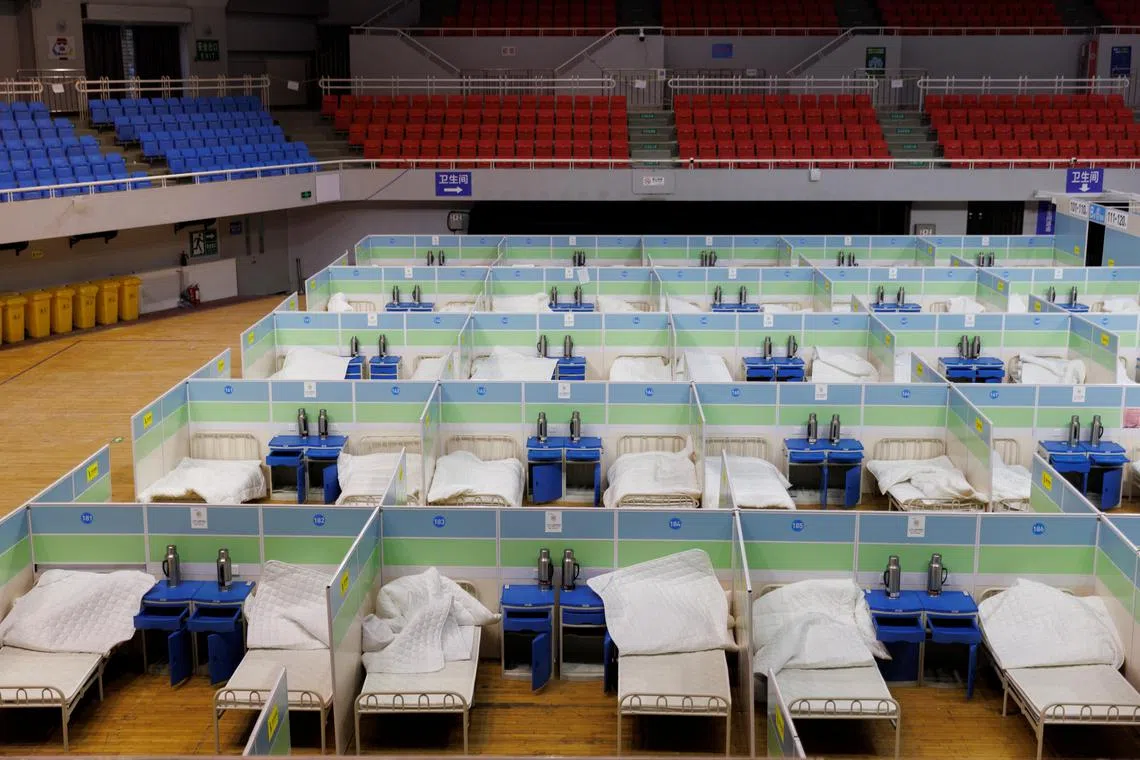 Beds set up at a fever clinic in a sports hall, amid the Covid-19 outbreaks, in Beijing on Dec 20, 2022.
