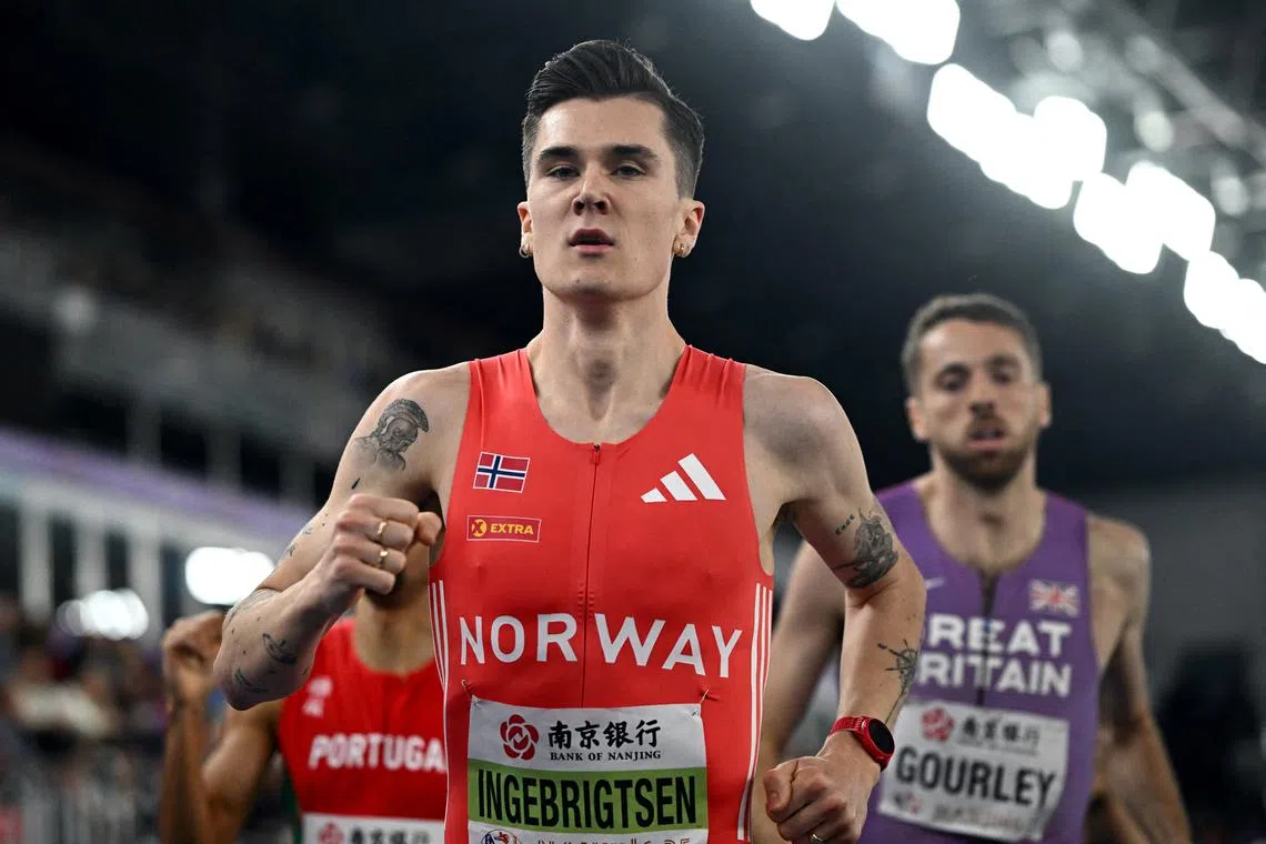 FILE PHOTO: Athletics - World Athletics Indoor Championships - Nanjing Youth Olympic Sports Park, Nanjing, China - March 23, 2025 Norway's Jakob Ingebrigtsen in action during the men's 1500m final REUTERS/Dylan Martinez/File Photo