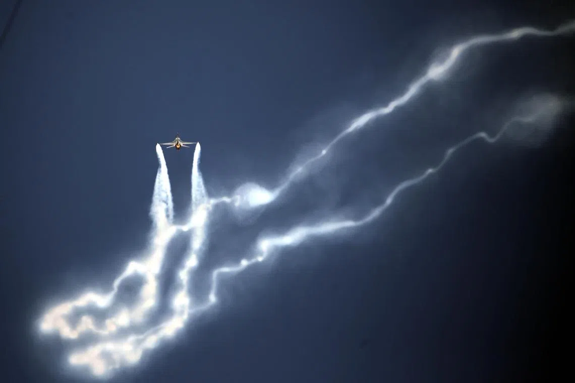 Pakistani Air Force fighter jets performing during the opening ceremony of the ICC Champions Trophy at national stadium in Karachi, Pakistan, on  Feb 19, 2025.  