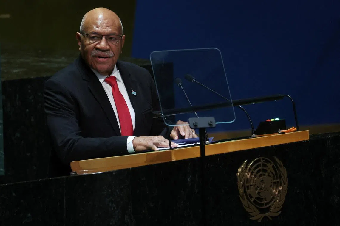 FILE PHOTO: Prime Minister of Fiji Sitiveni Ligamamada Rabuka addresses the 78th United Nations General Assembly at U.N. headquarters in New York City, New York, U.S., September 22, 2023. REUTERS/Mike Segar/File Photo