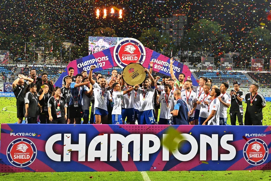 The Lion City Sailors celebrating after beating Tampines Rovers 2-0 to win the Community Shield on Sept 6.