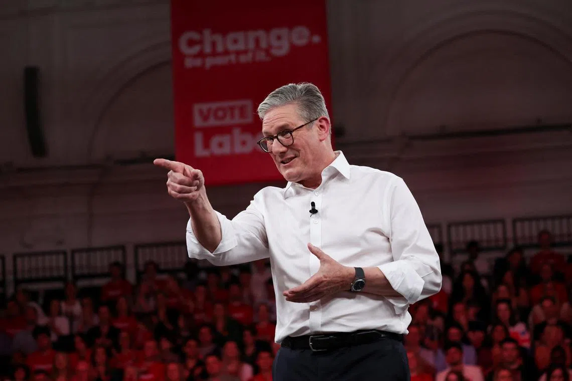 British opposition Labour Party leader Keir Starmer speaking at a general election campaign event in London, Britain, on June 29, 2024.  