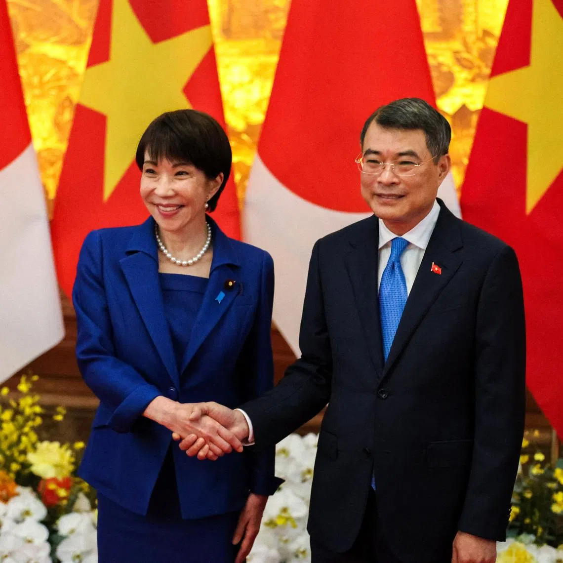 Japan's Prime Minister Sanae Takaichi with Vietnam's Prime Minister Le Minh Hung at a welcome ceremony in Hanoi on May 2.  Japan remains one of Vietnam’s largest foreign investors.