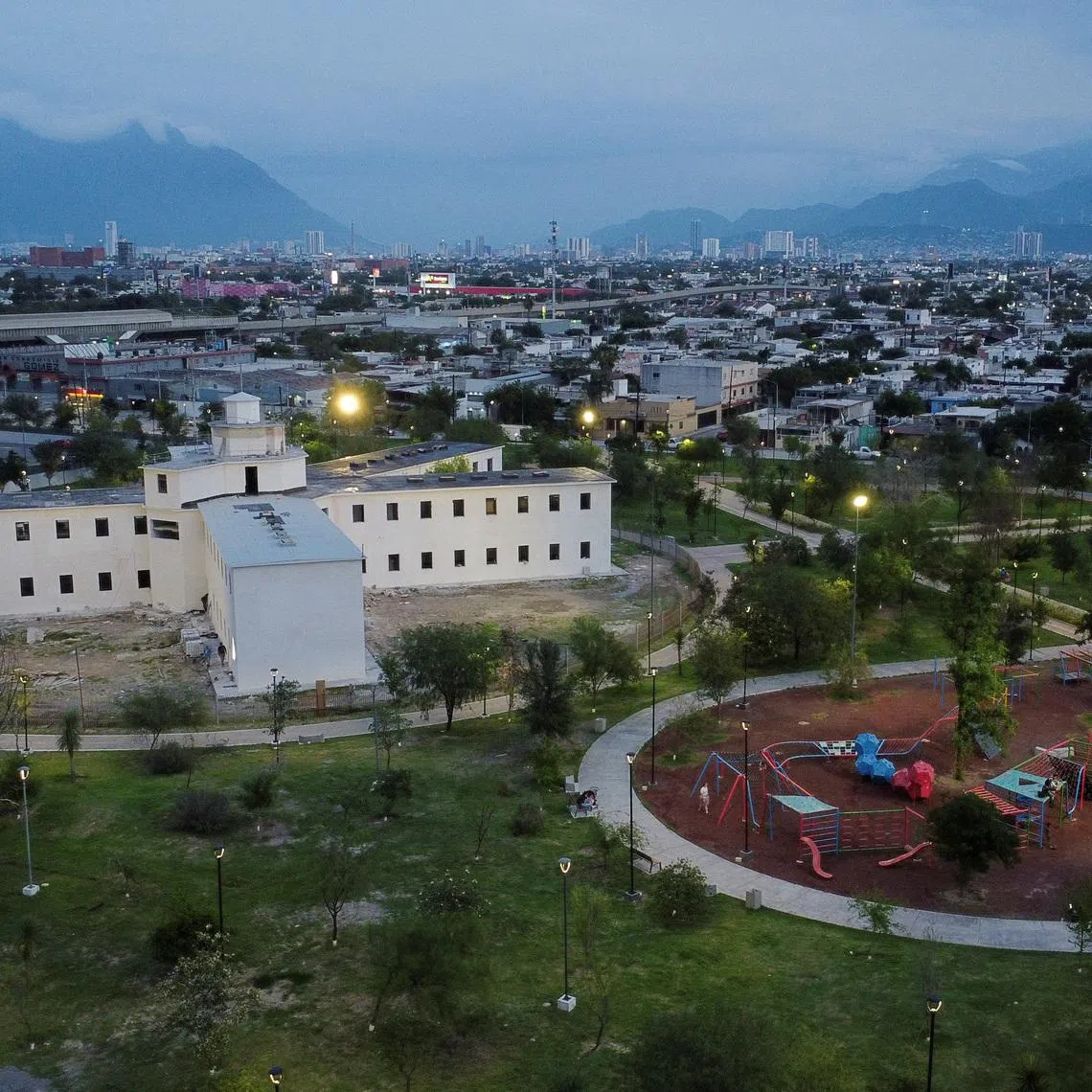 A drone view shows the Liberty Park, built on the former Topo Chico prison in Monterrey, where dozens died in a 2016 massacre, as residents celebrate renewed safety while pushing to preserve the transformed space, in Monterrey, Mexico, May 11, 2026. REUTERS/Daniel Becerril