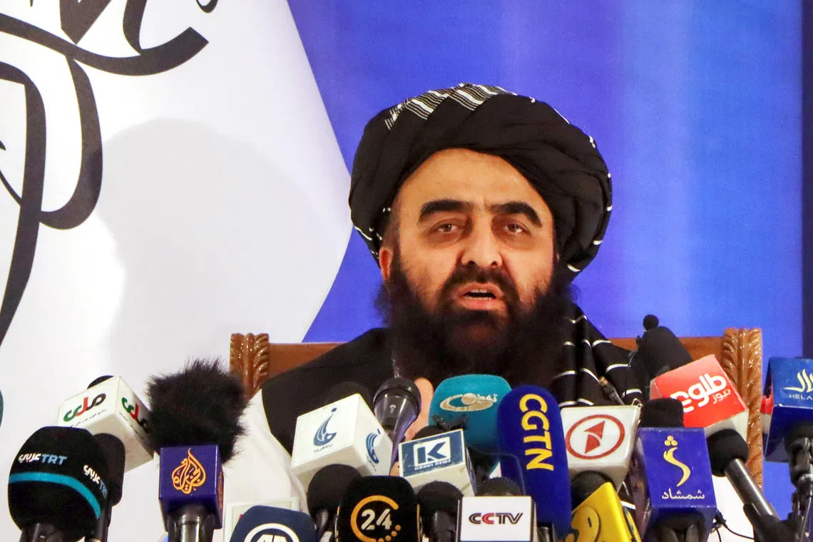 Taliban acting Foreign Minister Amir Khan Muttaqi speaks during a news conference in Kabul Afghanistan September 14, 2021. Picture taken September 14, 2021.REUTERS/Stringer