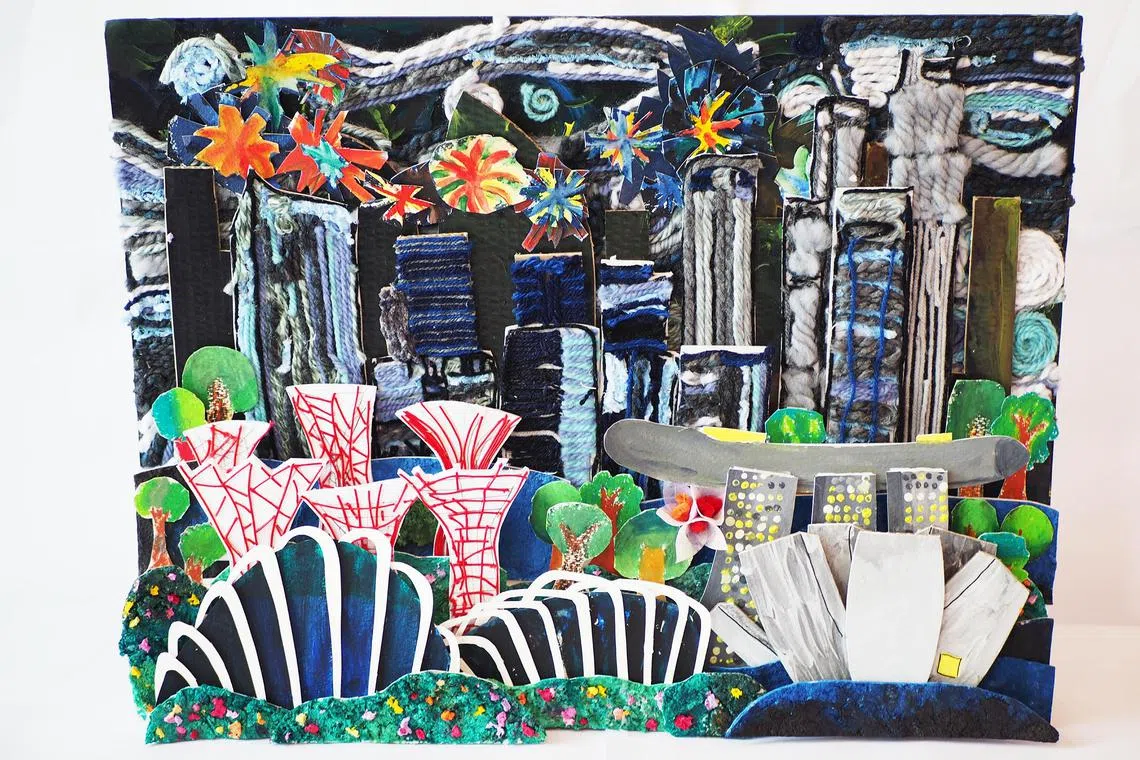 etart17 - This mixed media collage aims to show a beautiful night view and skyline of Singapore. Primary 2 students from Clementi Primary School created this artwork by replicating Vincent Van Gogh’s impressionist technique. Credit: Clementi Primary School