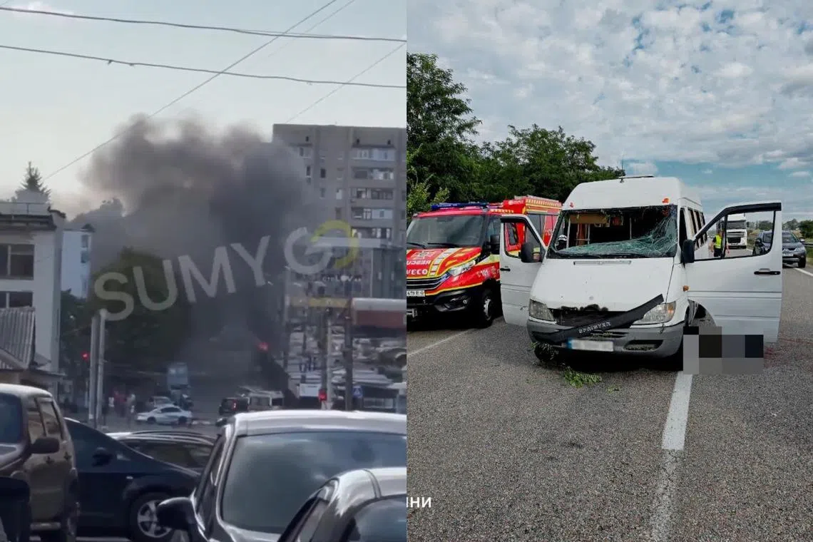 A Russian drone caused a fire in the city of Sumy (left), while a ballistic missile killed one person in Ukraine's Dnipropetrovsk region.