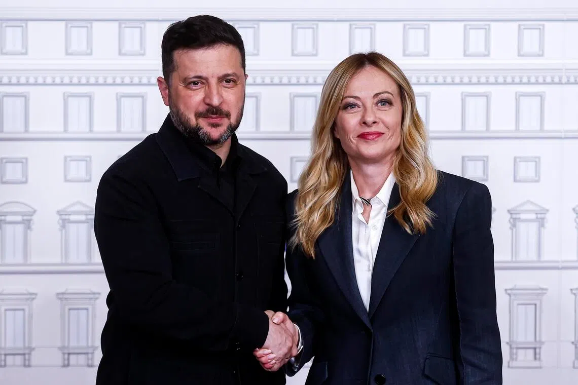 Italian Prime Minister Giorgia Meloni (right) and Ukrainian President Volodymyr Zelensky attending a joint press conference in Rome, Italy, on April 15.