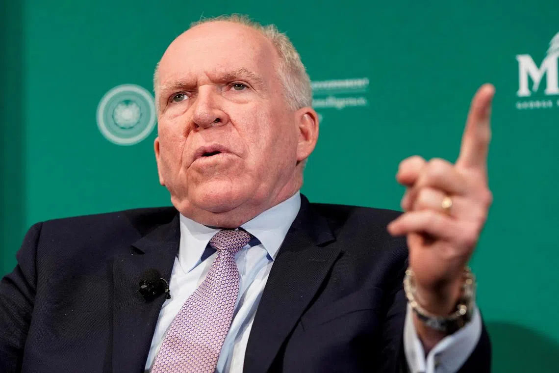 FILE PHOTO: Former CIA director John Brennan speaks during a forum on election security titled, “2020 Vision: Intelligence and the U.S. Presidential Election” at the National Press Club in Washington, U.S., October 30, 2019.            REUTERS/Joshua Roberts/File Photo