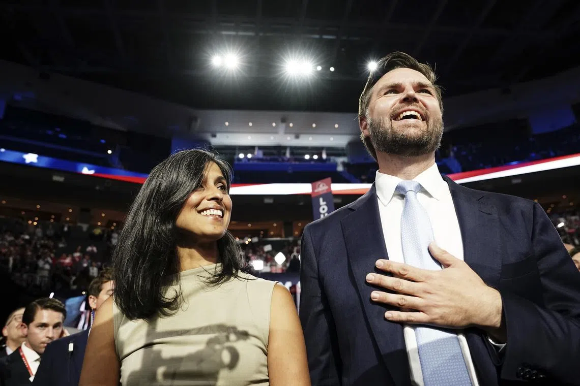 Senator JD Vance with his wife, Usha, on the first day of the Republican National Convention, at the Fiserv Forum in Milwaukee, Wisconsin, on July 15.