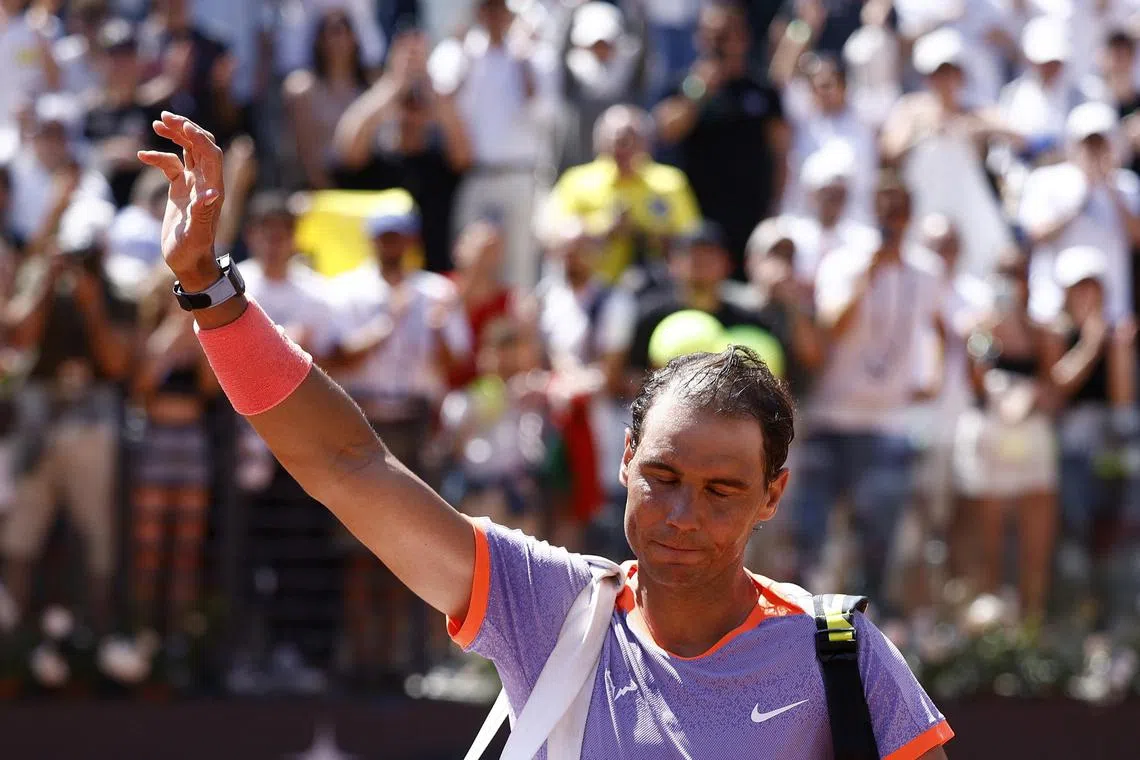 Tennis - Italian Open - Foro Italico, Rome, Italy - May 11, 2024
Spain's Rafael Nadal waves to the fans and walks off the court after losing his round of 64 match against Poland's Hubert Hurkacz REUTERS/Guglielmo Mangiapane
