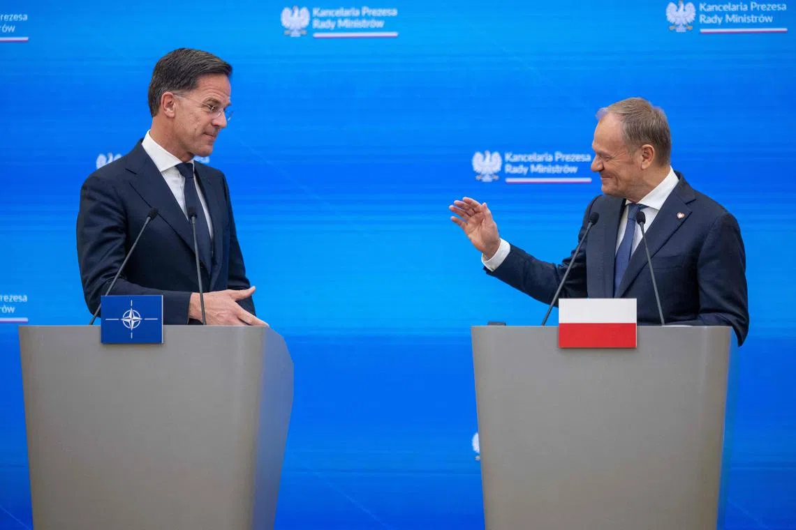 Polish Prime Minister Donald Tusk (right) and Nato Secretary-General Mark Rutte holding a joint press conference following their meeting in Warsaw, on March 26.