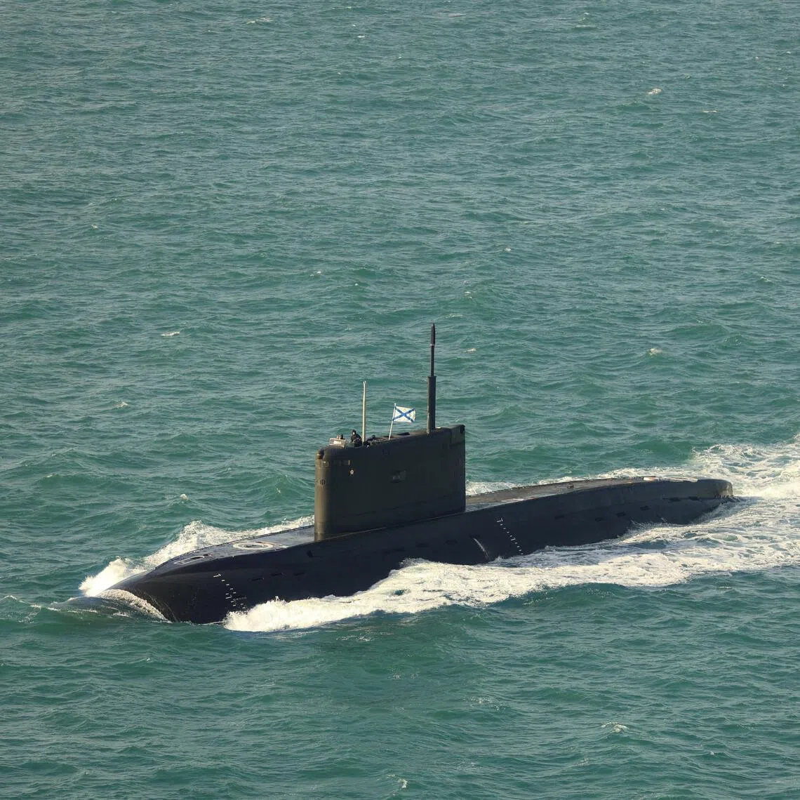 An undated British Royal Navy photo shows the Russian submarine Krasnodar sailing at an unknown location.