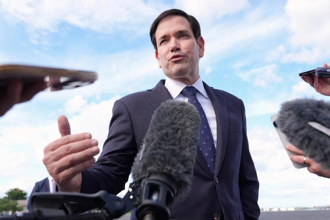 FILE PHOTO: U.S. Secretary of State Marco Rubio speaks to reporters before boarding his plane at Homestead Air Reserve Base in Homestead, Florida, U.S., September 2, 2025. Jacquelyn Martin/Pool via REUTERS/ File Photo