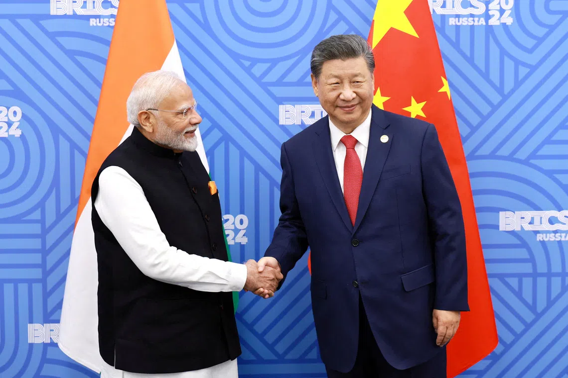 Indian Prime Minister Narendra Modi meeting Chinese President Xi Jinping on the sidelines of the BRICS summit in Kazan, Russia, in 2024.