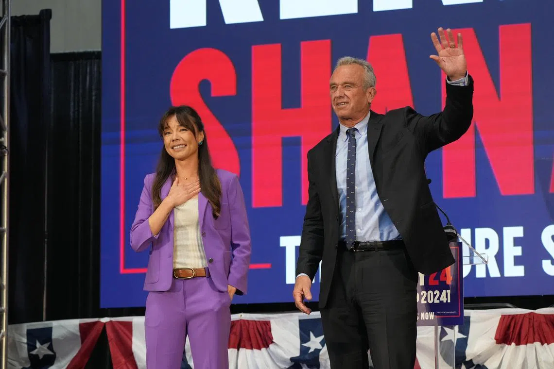 Robert Kennedy Jr. introduces Bay Area lawyer and investor Nicole Shanahan as his presidential campaign running mate, in Oakland, Calif., March 26, 2024. Kennedy’s success in landing on the battleground state’s ballot guarantees that he will shape the race this November. Both parties are racing to define him. (Jim Wilson/The New York Times)