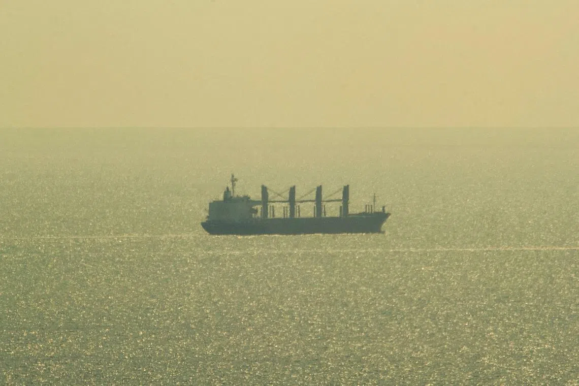 This photograph taken on August 26, 2023 shows a bulk carrier 'Primus', registered in Liberia, sailing towards the Bulgarian Black sea's port of Varna. Turkey's foreign minister meanwhile, in Kyiv for talks with Ukrainian President, insisted that the best option to resume the country's grain exports was to find a way back to the original agreement with Russia that Moscow abandoned. (Photo by STRINGER / AFP)