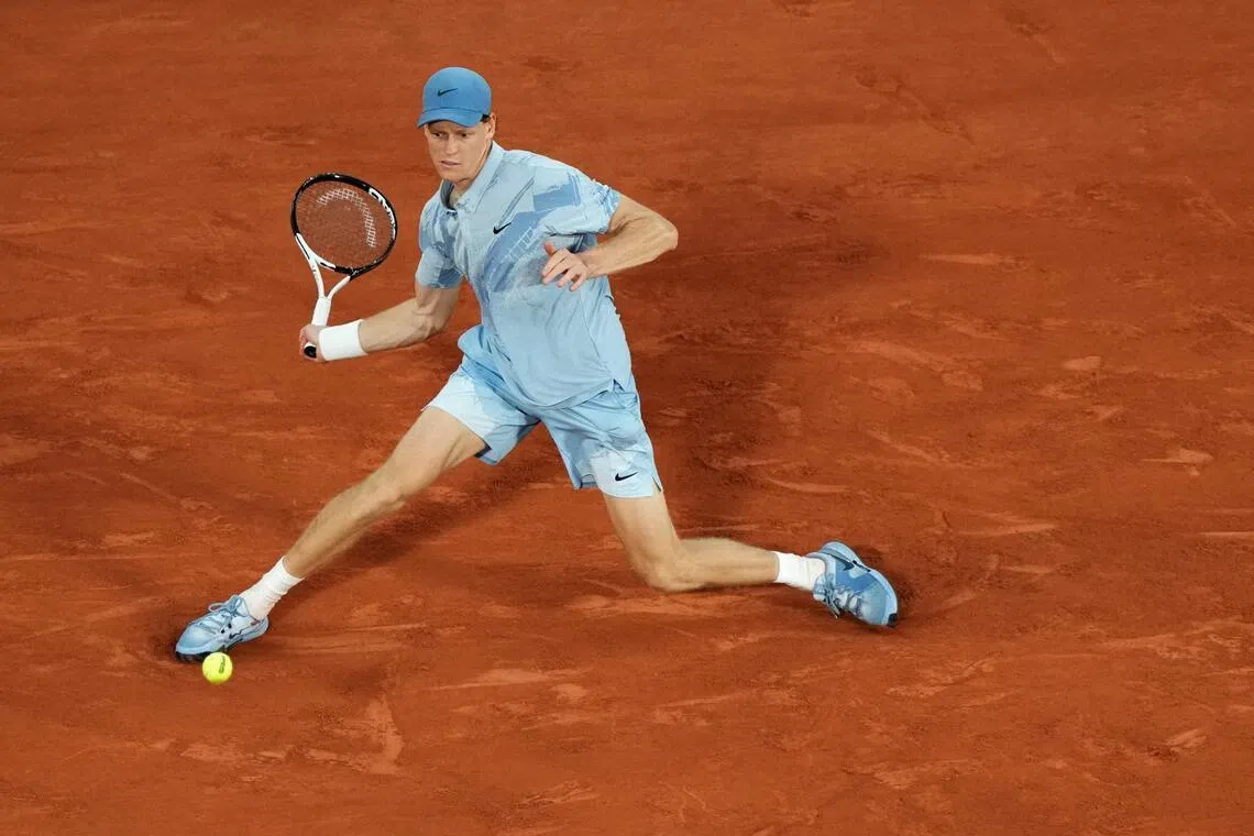 Italy's Jannik Sinner plays a forehand return to France's Clement Tabur during their men's singles match on day 3 of the French Open.