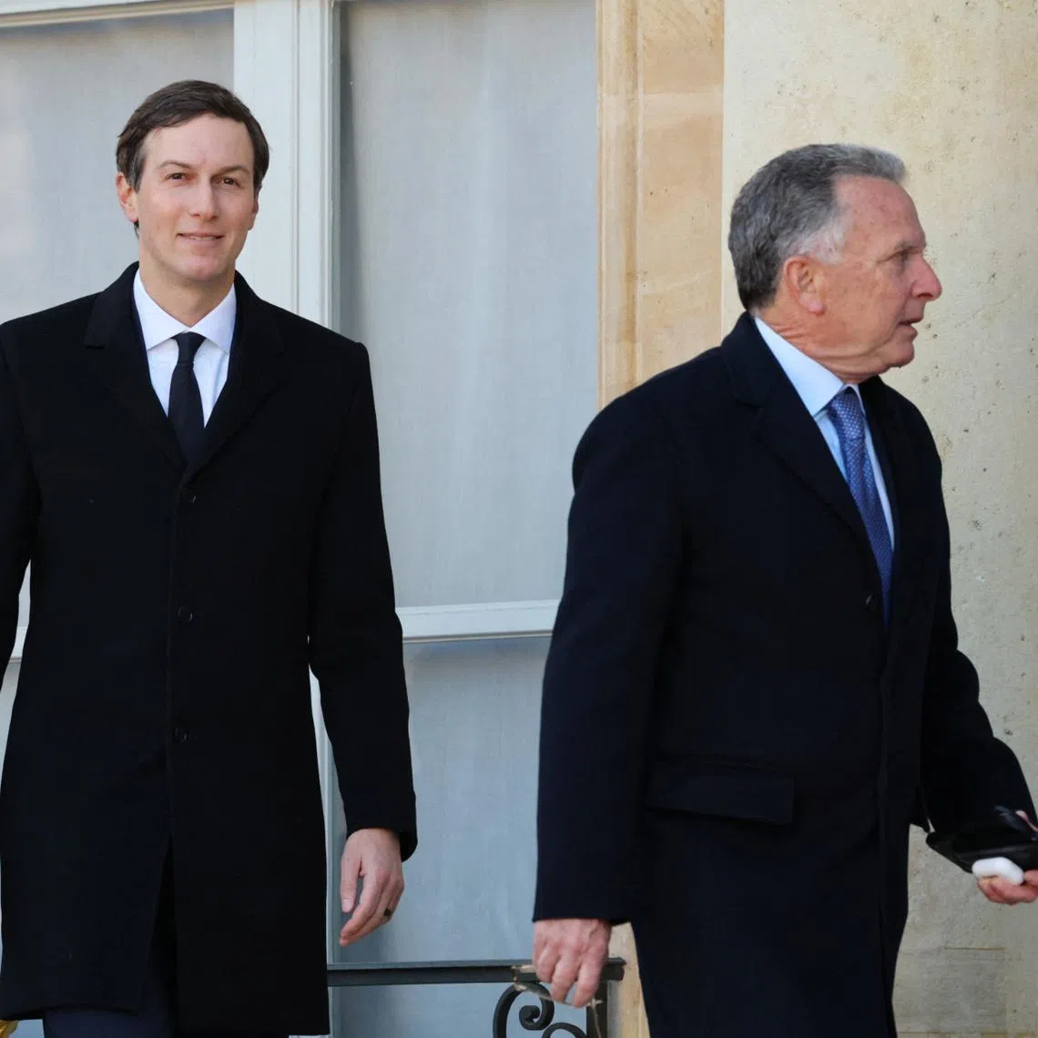 U.S. Special Envoy Steve Witkoff and Jared Kushner, U.S. President Donald Trump's son-in-law, arrive for a lunch meeting with French President Emmanuel Macron and Ukraine's President Volodymyr Zelenskiy before a summit of the so-called 'Coalition of the Willing' at the Elysee Palace in Paris, France, January 6, 2026. REUTERS/Sarah Meyssonnier