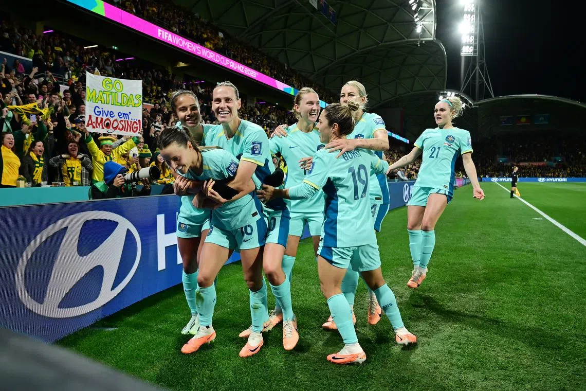 Hayley Raso celebrating her second goal with her Australia teammates during their 4-0 Women's World Cup 2023 Group B win over Olympic champions Canada and at Melbourne Rectangular Stadium on Monday.