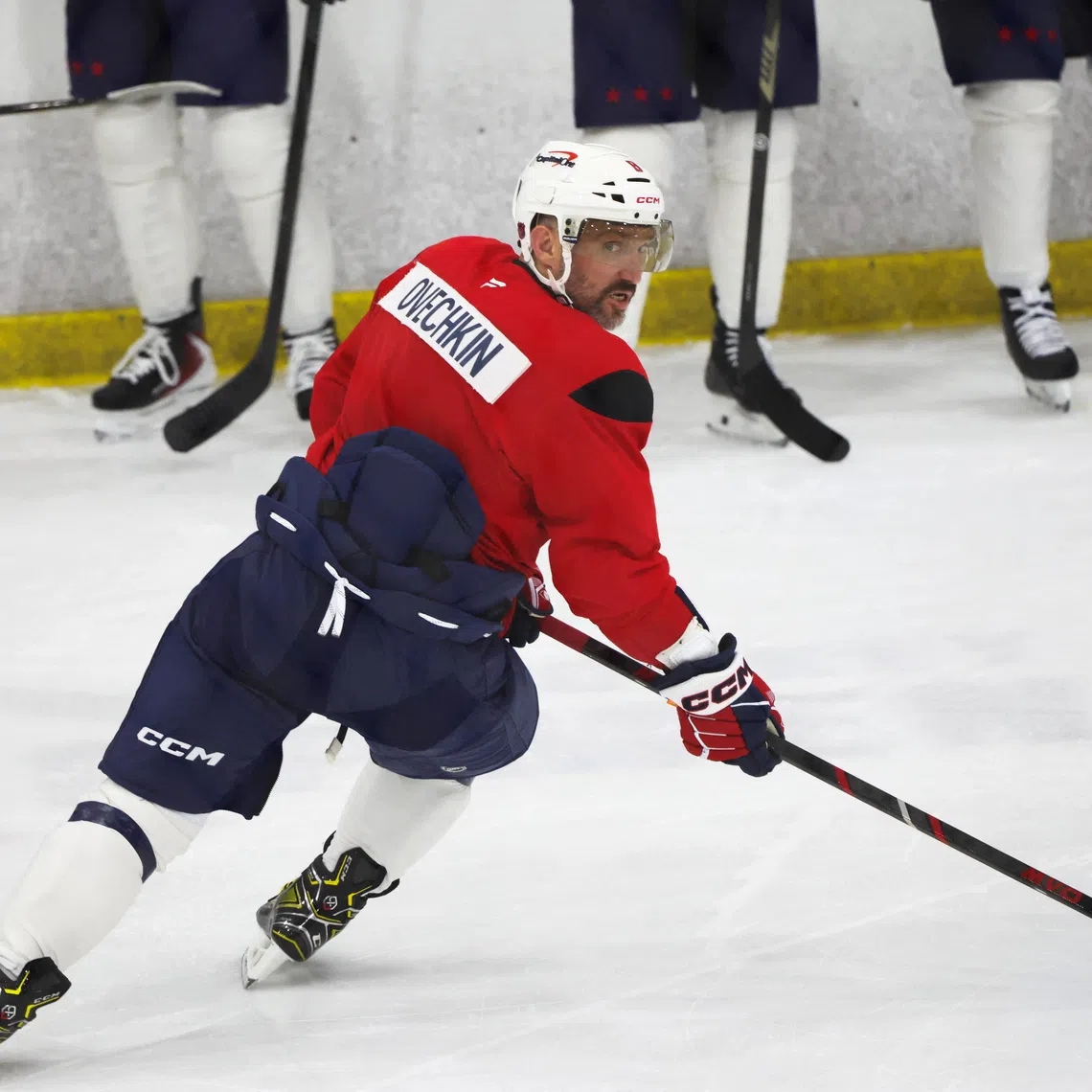 Washington Capitals NHL star Alex Ovechkin takes part in the team’s first practice of the season days after he appeared in a propaganda ad for the United Russia party, which supports the regime of Russia's President Vladimir Putin, in Arlington, Virginia, US, September 17, 2026. REUTERS/Kevin Lamarque