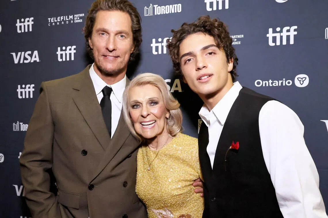 (From left) Matthew McConaughey, Kay McCabe McConaughey Levi McConaughey attend the premiere of The Lost Bus during the 2025 Toronto International Film Festival on Sept 5, 2025 in Toronto, Ontario.   