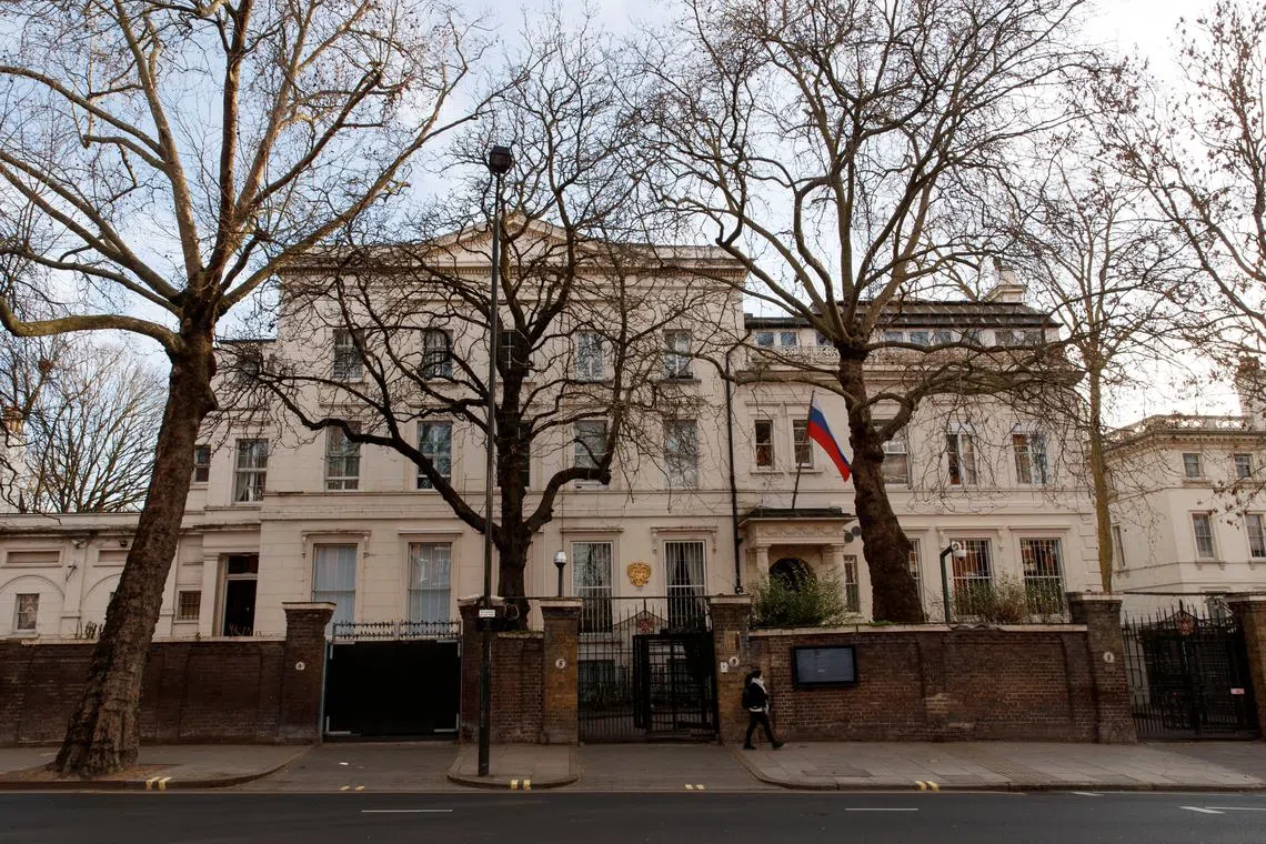 FILE PHOTO: People walk in front of Russian Embassy in London, Britain, February 12, 2022. REUTERS/May James/File Photo