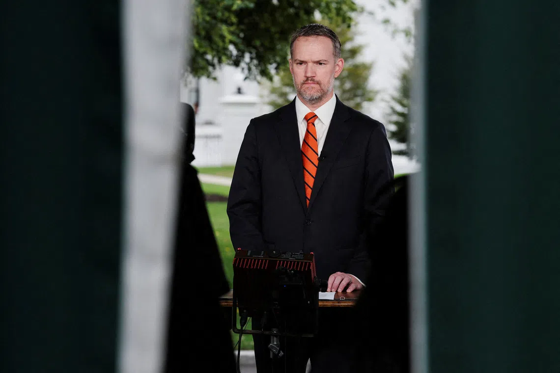 FILE PHOTO: U.S. Trade Representative Jamieson Greer gives a live TV interview about tariffs at the White House in Washington, D.C., U.S., August 1, 2025. REUTERS/Jonathan Ernst/File Photo