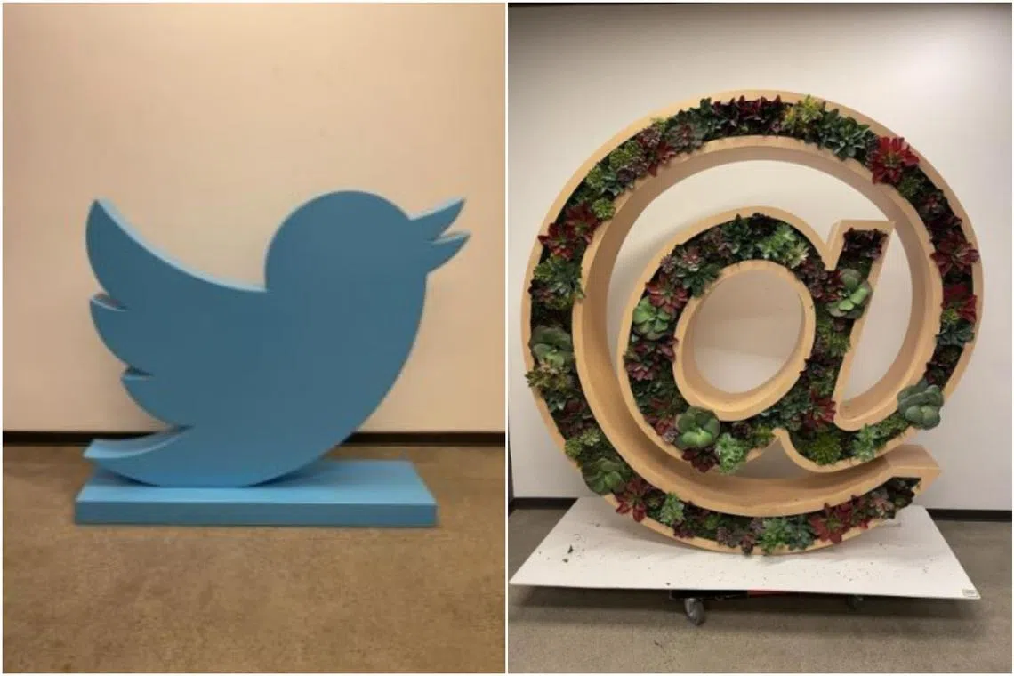 Most of the items, including company memorabilia like a large Twitter bird statue and an “@” symbol sculpture planter, had starting bids of US$25.