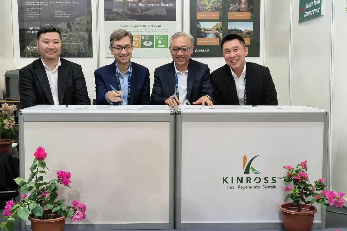 (From left) Clean BotanEco CEO Bayarjargal Batsukh, Founder of Asia Carbon Institute John Lo, Kinross CEO Dennis Ng, and Co-founder of DNZ Ventures Leong Wai Keong at the Agri-Food Tech Expo Asia. 