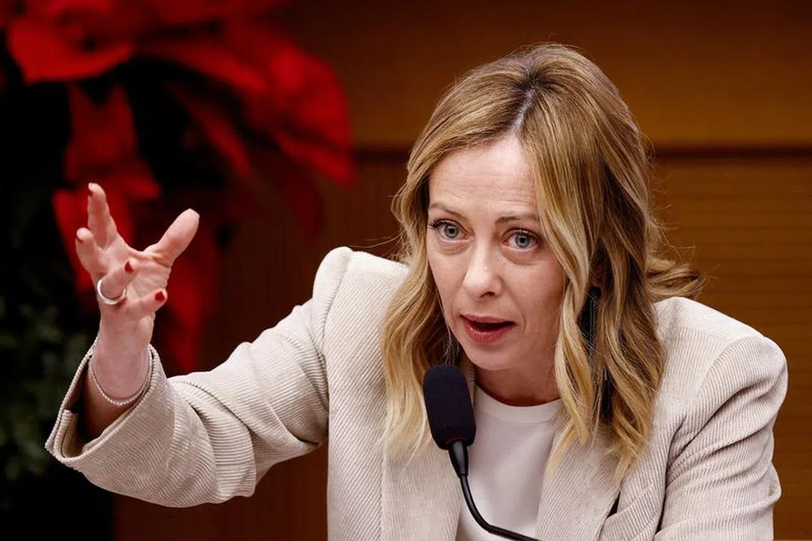 FILE PHOTO: Italy's Prime Minister Giorgia Meloni holds her end-of-year press conference in Rome, Italy, January 4, 2024. REUTERS/Guglielmo Mangiapane/File Photo