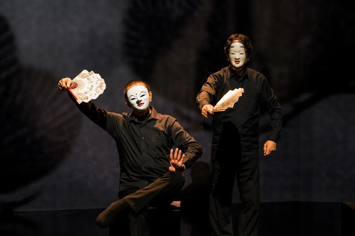 In Last Rites, Indonesian dancer Didik Nini Thowok (left) and Japanese Noh actor Kanji Shimizu meet frequently in masks.