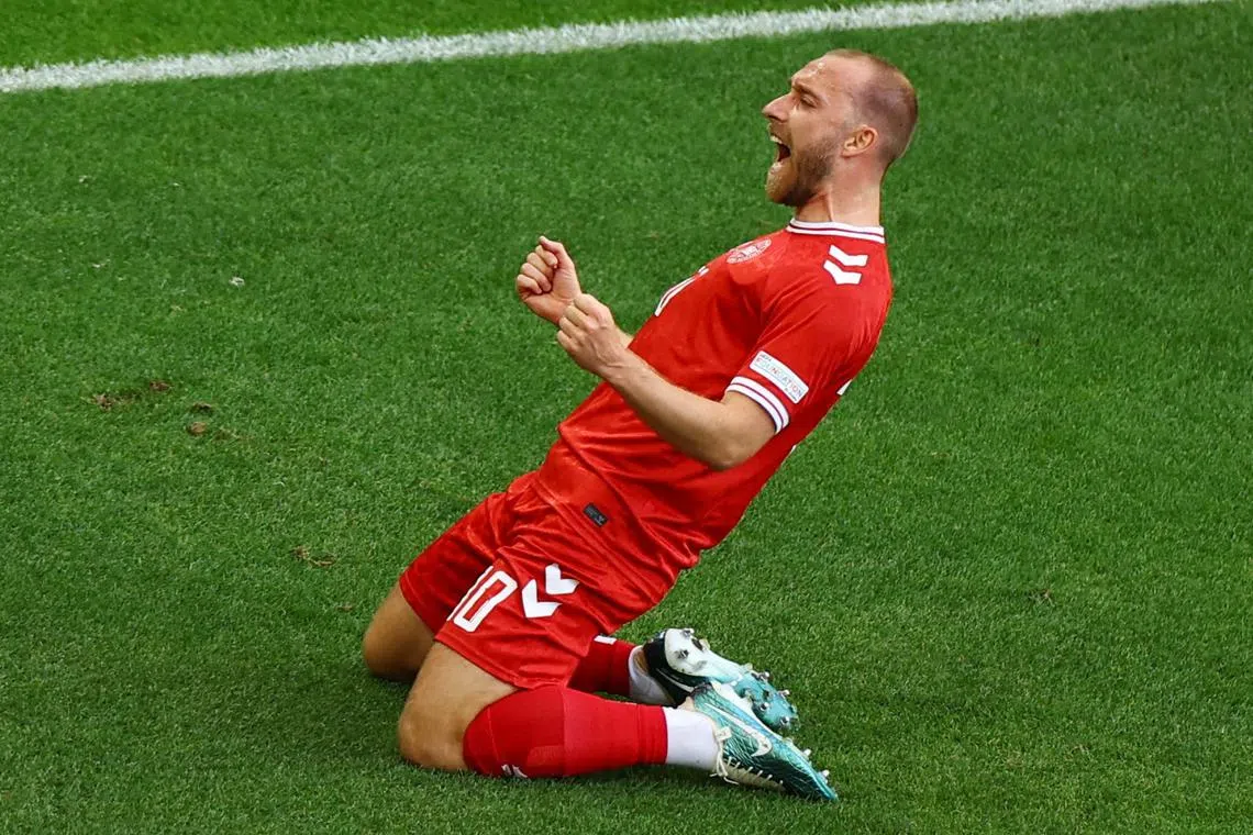 Soccer Football - Euro 2024 - Group C - Slovenia v Denmark - Stuttgart Arena, Stuttgart, Germany - June 16, 2024  Denmark's Christian Eriksen celebrates scoring their first goal REUTERS/Leonhard Simon