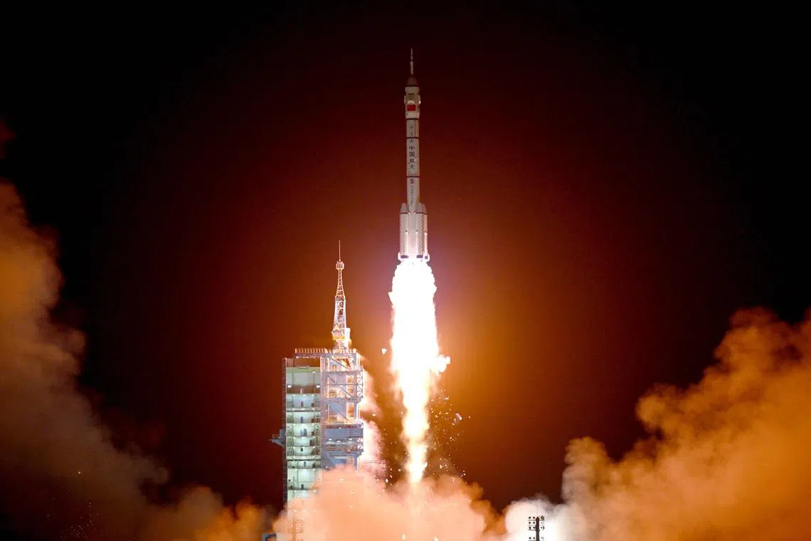 A long March-2F carrier rocket carrying the Shenzhou-19 spacecraft and crew of three astronauts lifts off from the Jiuquan Satellite Launch Center, in the Gobi desert, northwest China on Oct 30, 2024. The mission of three astronauts to the Tiangong space station will carry out experiments with an eye to the space programme's ambitious goal of placing astronauts on the Moon by 2030 and eventually constructing a lunar base.